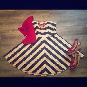 Adorable strapless navy and white striped dress